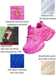 Women's 7cm Thick Sole Casual Sports Shoes With Sunflower Metal Decoration, Outdoor High Heel Platform Sneakers, Lightweight Shock-Absorbing Breathable Mesh Summer Sandals, Pink Round Toe Lace-Up For Daily, Workout, Office