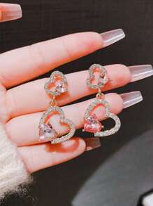 1 Pair French Pink Hollow Heart Dangle Earrings, Elegant Lady Style, Charming & Sweet Jewelry