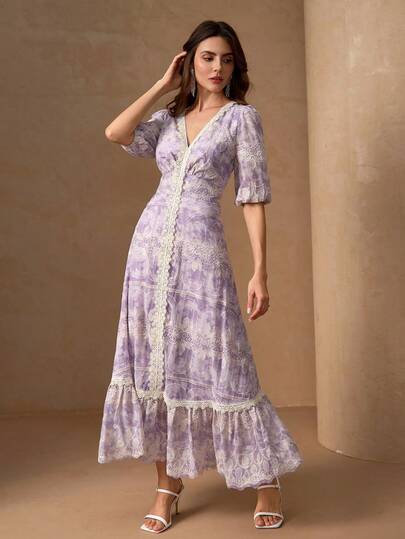 优雅浪漫刺绣奢华材质蕾丝拼布V领女装，青春迷人