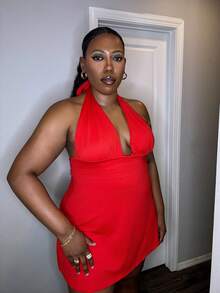 Truni Awkwardfatgirl Plus Size Women's Sweet Daily Wear Red Dress With Exposed Straps At The Back, For Pear Triangle Body Shape - Red - View 7