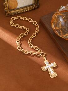 1 Piece Chunky Chain Cross Necklace For Women,Fashion Chunky Bracelet,Copper Alloy Electroplating 14K Gold,Gift For Summer Vacation,Hip Hop Party,Festival