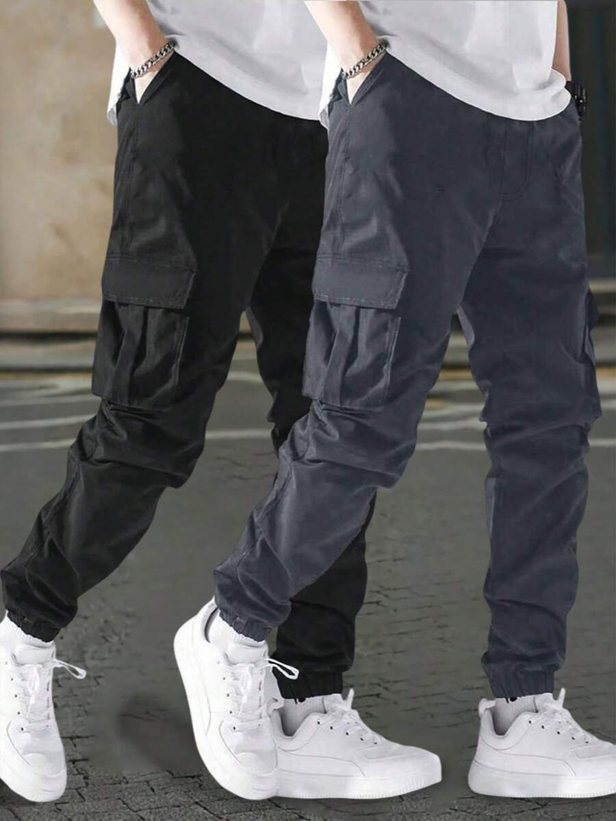 2pcs Tween Boys' Loose Fit Casual Outdoor Workout Trousers With Flap Pockets For Spring, Summer And Autumn - Black - View 1