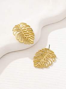 1 Pasang Anting Tusuk Daun Berongga Minimalis yang Modis, Elegan, dan Dapat Dipersonalisasi - Yellow Gold - View 3
