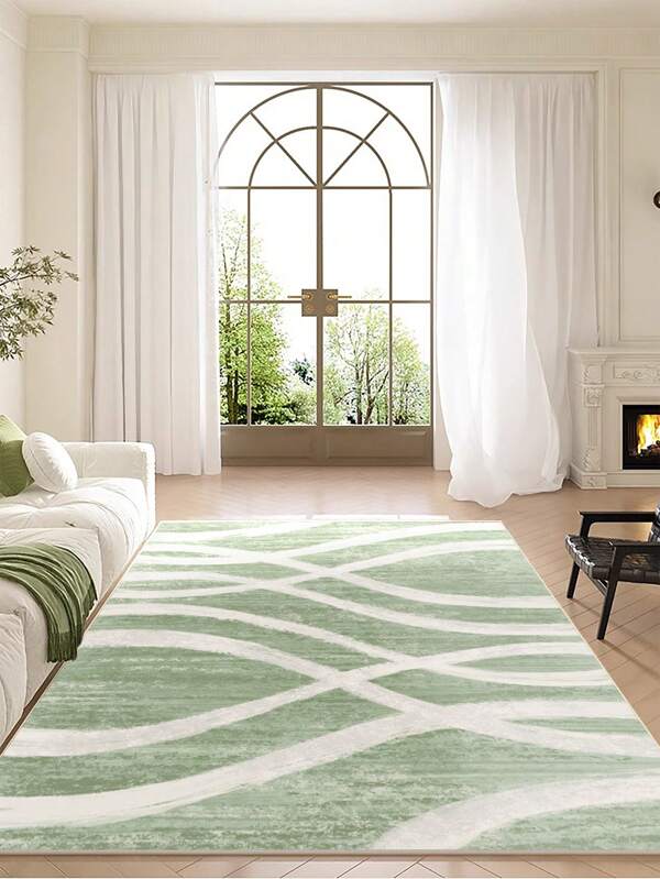 1 Piece Of Faux Cashmere Living Room Carpet Printed With Light Green Lines. Suede Delicate, Pleasant To The Touch, Non-Slip Washable Area Rug For Bedroom, Can Be Used In Living Room, Bedroom Bedside Carpet, Door Mat, Room Decoration. Suitable For Different Seasons Of Spring, Summer, Autumn And Winter.