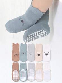 5 双卡通图案防滑婴幼儿室内袜，软底地板袜，适合日常穿着