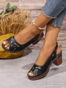 1 双时尚露趾粗跟带扣后带轻便女士凉鞋 - 黑色 - 查看 3