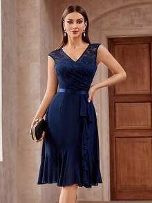 MIUSOL Floral Lace Ruffle Trim Wrap Hem Chiffon Party Swing Dress