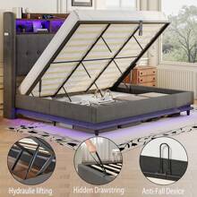 PLAUIN Estructura de cama con almacenaje y elevación hidráulica, con estantería incorporada y cabecero con diseño de terciopelo de alas, iluminación LED RGB, sin necesidad de caja de resortes