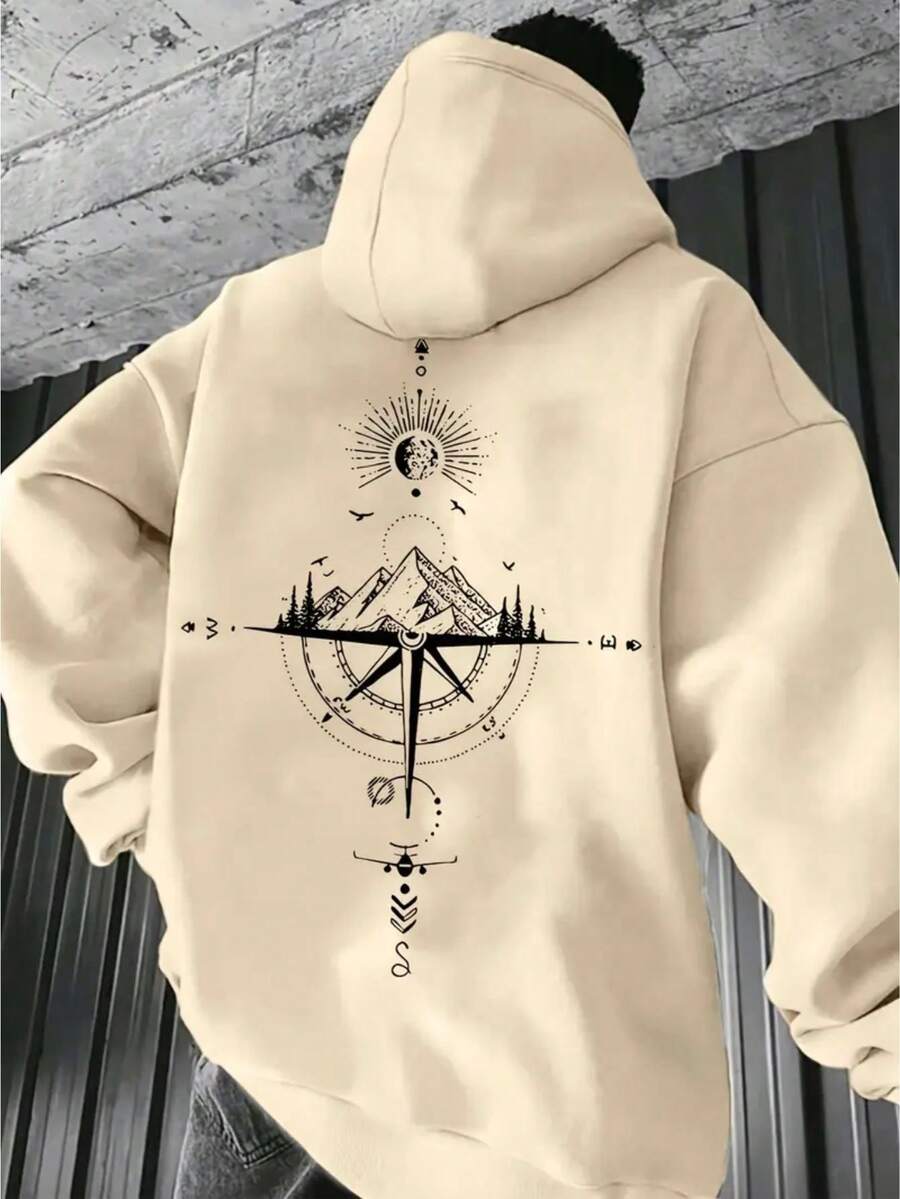 Cold Sweatshirt Compass Kangaroo Unisex Printed Sweatshirt Hooded And Pocket Cotton - 卡其色 - 查看 1
