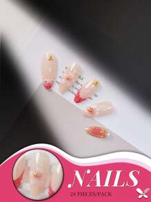 Una caja de 24 uñas medianas de almendra, con flores 3D rosas y detalles degradados en oro rosa, exudando un ambiente dulce y elegante. Conjunto de uñas postizas con lima de uñas y pegamento de gelatina, perfecto para todas las mujeres, ideal para uso diario, fiestas y ocasiones especiales, agregando un toque de suave a tus dedos.