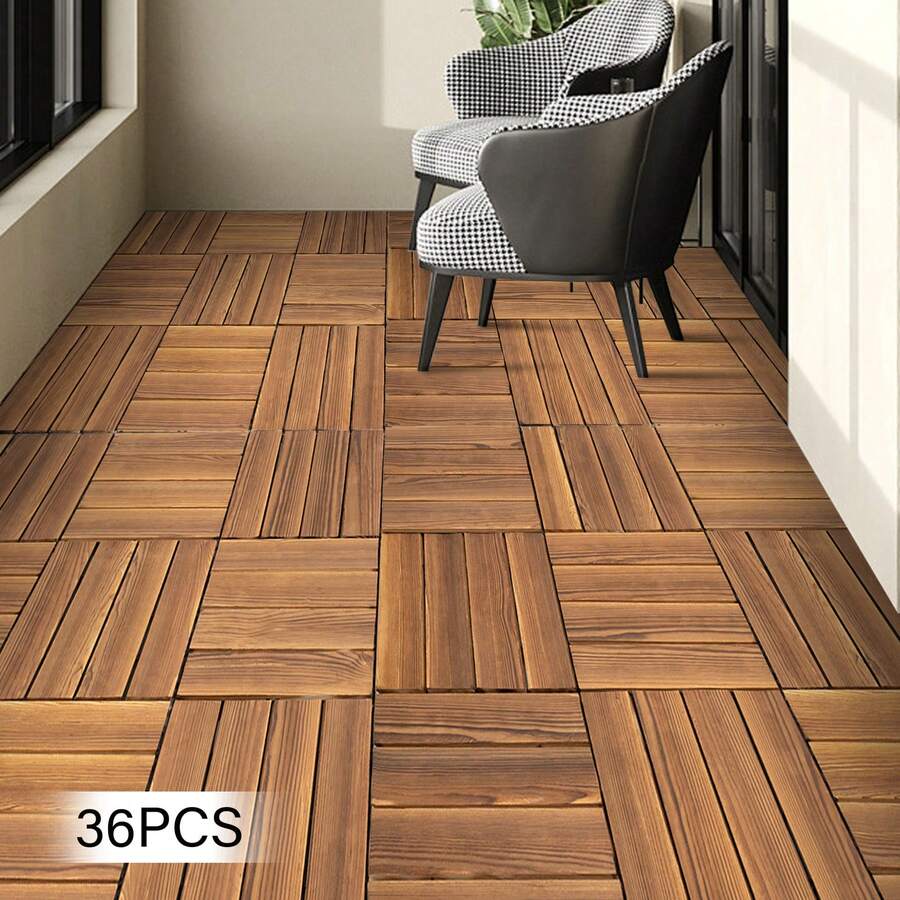 Eatssode 36 Pieces Interlocking Patio Tiles, Hardwood Deck Tiles, Wood Tiles Hardwood, Balcony Flooring, Wood Floor Tiles For Deck, Patio, Backyard, Outdoor Area, 30X30CM - 棕色 - 查看 1