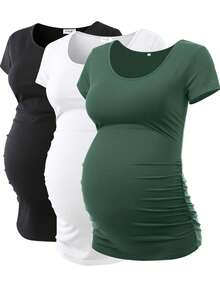 3 Packs Side Ruched Maternity Tops For Women Pregnancy Shirts - Green - View 1