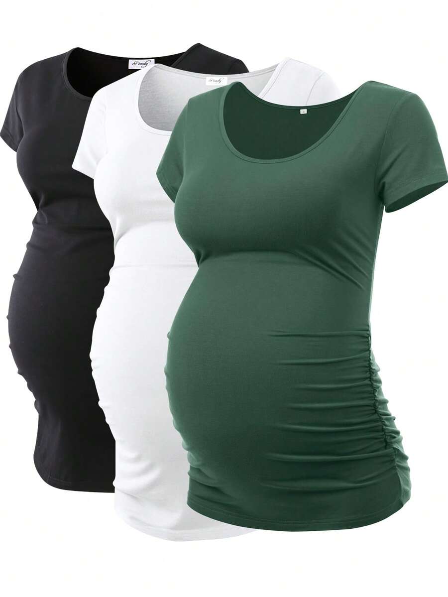 3 Packs Side Ruched Maternity Tops For Women Pregnancy Shirts - Green - View 1