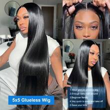 Parrucca con chiusura senza colla 5x5 HD Lace Set and Go, capelli umani lisci, pre-tirati, pre-tagliati, senza colla, 3 secondi per indossare, parrucca senza colla, parrucche frontali in pizzo trasparente, parrucca con capelli umani per donne, nodi pre-sbiancati, densità 250 - Naturale e nero - Visualizzare 13