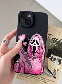 1pc Girly Pink Ghost Face & Heart Shiny Jewel Pattern Transparent Soft Protective Phone Case, Suitable For IPhone 11/12/13/14/15/16/17 Pro Max