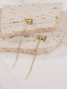 Nooxian 1 paire de boucles d'oreilles à franges en cuivre avec élément de colonne minimaliste à un mot, à la mode pour femmes - jaune d'or - Voir 6