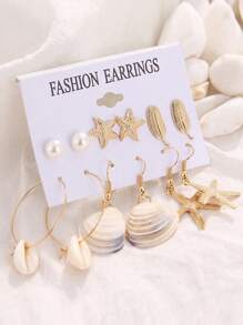 6 Pairs/Set Summer Boho Shell & Starfish Earrings Set For Women, Beach Holiday Party Jewelry Accessories