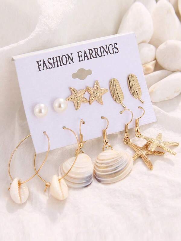 6 أزواج/طقم أقراط للنساء بتصميم مجوهرات شاطئية بالصدفة وشكل نجمة البحر، ديكور أعياد الصيف والعطلات