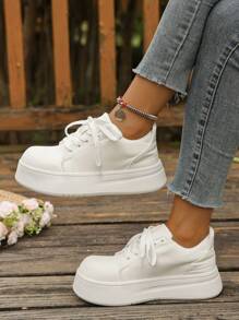 2025 New Women's White Thick Sole Lace-Up Casual Shoes, Breathable Non-Slip Platform Sneakers, Sweet Daily Sports Shoes, Comfortable Adjustable Shoelace Design