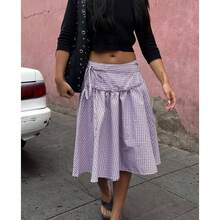 Women Bandaged Plaid Midi Skirts - Purple - View 2