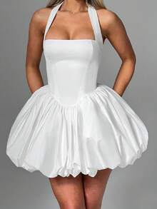 Women's Y2K Halter Corset Mini Dress Backless Corset Bubble Ruched Waist Club Party Dresses - trắng - Xem 5