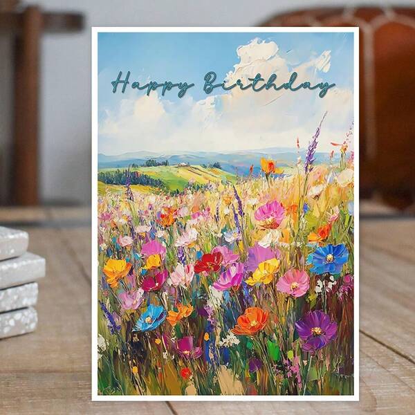 1 pièce Cartes d'anniversaire joyeux, cartes champêtre de fleurs sauvages brillantes, cartes de vœux d'anniversaire floraux, cartes nature