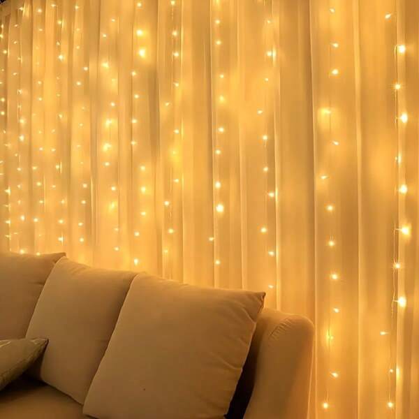 118.11 Inch X 118.11 Inch Curtain Lights, 300 Warm LED Fairy Lights, 8 Lighting Modes, Waterfall Lights, Button Control, Suitable For Birthday, Wedding, Bedroom, Wall Decor, Party, Halloween And Christmas Decoration