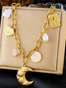 1 Stück kreativ und personalisiertes Meereslebens-Accessoire, inklusive Muscheln, Jakobsmuscheln, Seesterne, Krabben, Schildkröten, herzförmiger Mondanhänger, Kette, Edelstahl-Halskette