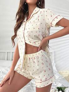 2Pcs Pj Sets For Women : Short-Sleeve Button-Down Top & Shorts - Lounge Sets For Women - trắng - Xem 3