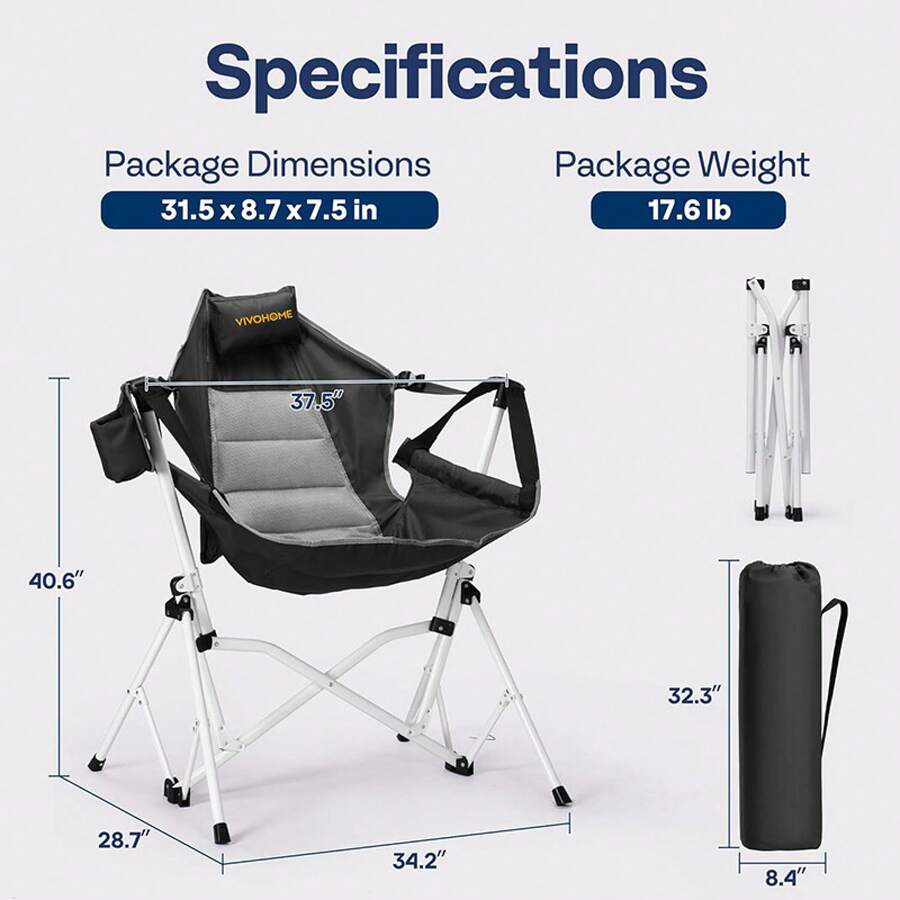 Silla de camping portátil, hamaca tipo silla de 400 libras, silla colgante con soporte ajustable para la espalda - Negro - Ver 1