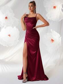 ADYCE Asymmetric Draped Collar Party Dress, Satin Herringbone High Waist Pleated Open Back Tie Long Formal Gown, Suitable For Formal Occasions Like Wedding Guest, Bridesmaid, Homecoming, Prom - Burgundy - View 5