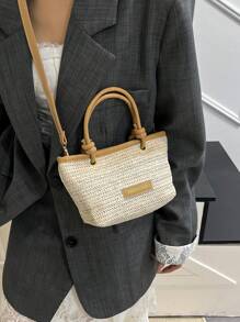 Bolso de mujer tejido, pequeño monedero de paja tejido con estilo, bolso con patrón de letras y ribete de color contrastante, con correa para el hombro larga y bandolera