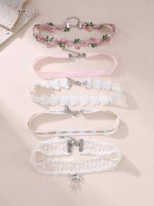 Set de 5 collares gargantilla con flores y encaje de colores, accesorios de uso diario para niñas