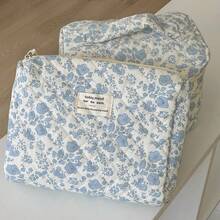 3 PiecesMakeup Bag Quilted Makeup Bag Silk Ribbon Makeup Bag Set Flower Travel Washbag - Blue - View 10