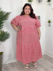 Enliva Karierten Muster Lässig Urlaubskleid in Große Größen