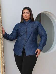 Women's Denim Shirt Check Launch With Adjustable Sleeve Casual Elegant Jeans Button - Navy Blue - View 4