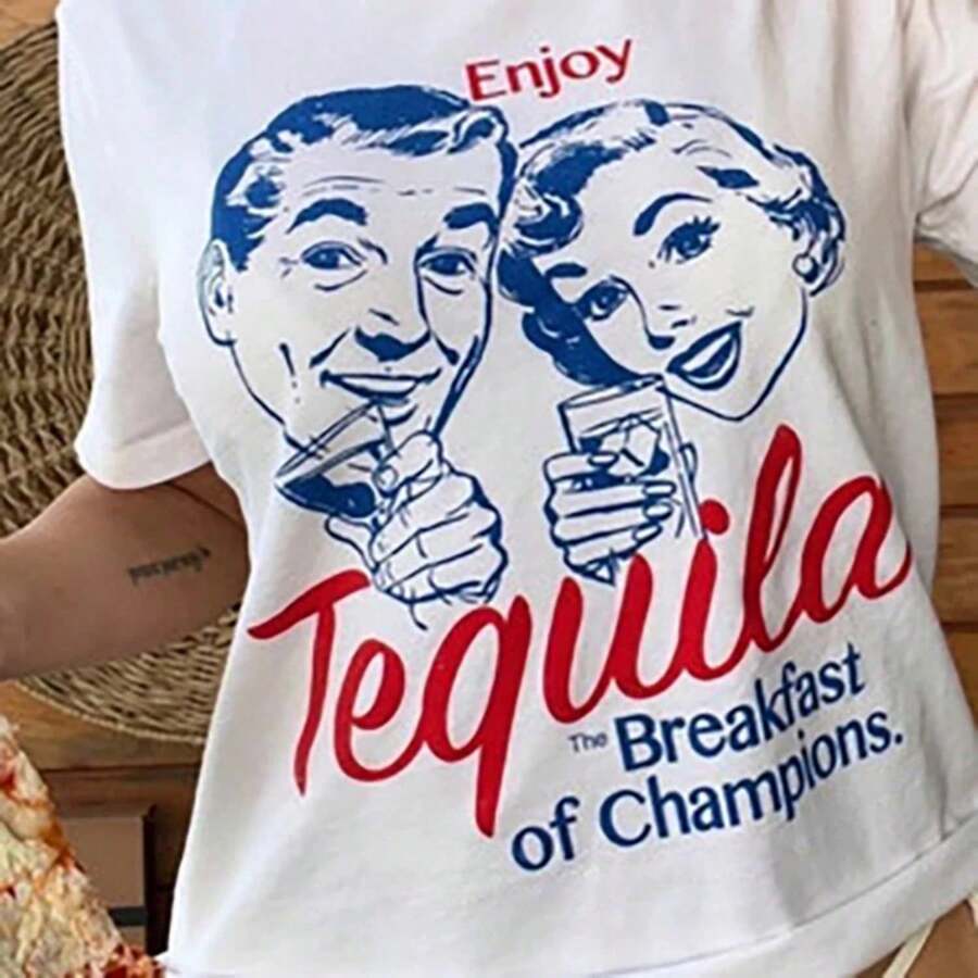 1001 Enjoy Tequila Retro Graphic Tees Wo Cute Funny Alcohol Drinking T-Shirts Vintage Fashion T Shirts Tops Uni Clothing220g High-Quality Pure Cotton T-Shirt With Minimalist Printing, Soft And Breathable Fabric, Comfortable And Loose, Suitable For All Day Wear, Suitable For Office Casual Wear, Spring And Summer Daily Appearance, Elegant And Youthful Design - White - View 1