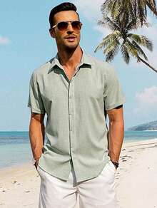 Camisa Casual de verano para hombres de unicolor, Camisa de Lino de Manga Corta - Verde claro - Ver 2
