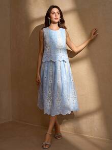 Elegant Young Ladies' High-End Embroidered Sleeveless Top With A-Line Hem Skirt, Luxury 2 Pieces Set, Fashion - Baby Blue - View 6
