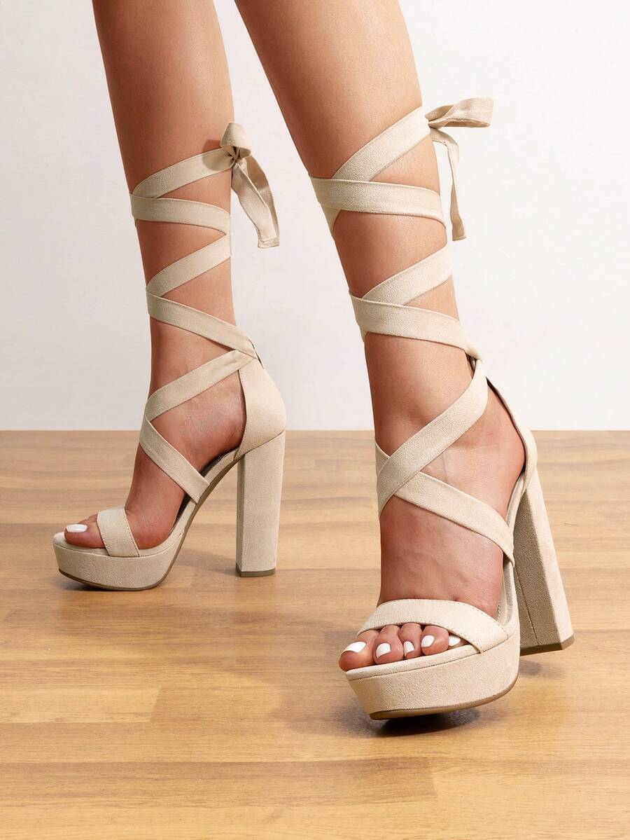 Women Minimalist Tie Leg Chunky Heeled Sandals, Fashion Faux Suede Sexy Open Toe Strappy Heeled Sandals For Party Wedding Prom  Summer Wearing - 裸色 - 查看 1