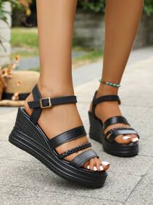 Sandales de plage décontractées à enfiler avec semelle épaisse, style romain, décoration tressée, pour femmes