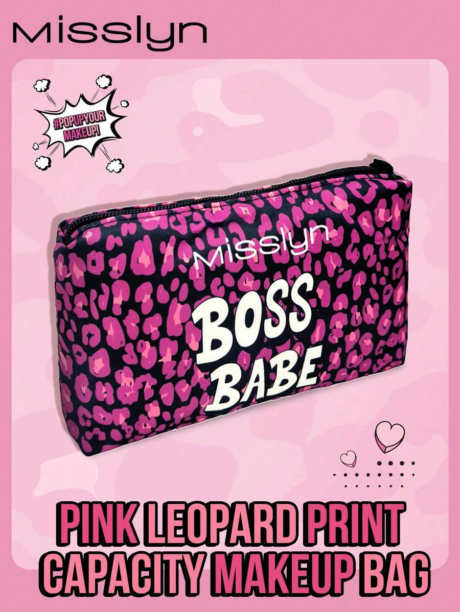 Misslyn Pink Leopard Print Large Capacity Makeup Bag, Convenient To Carry, Fashionable And Charming, Suitable For Various Occasions, Suitable For Travel, Easy To Clean, Multi-Purpose, Fashionable And Foldable Commuter Makeup Bag - Pink - View 1