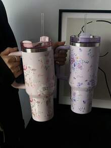 1pc Watercolor Floral Design 40oz-14oz Large Capacity Travel Mug With Handle, Stainless Steel Insulated Cup, Suitable For Car, Travel, School, Office, Outdoor, Gym, Home, Perfect Gift For Women, Teens, Holidays, Birthdays (With Straw)