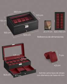Caja de Reloj, Estuche de Reloj con Tapa de Cristal de 2 Niveles para 12 Relojes, Cerradura, 1 Cajón, para Anillos Pulseras, Regalo Ideal, Negro y Forro Rojo, Regalo de Navidad - Rojo - Ver 4