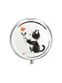 3 Compartment Portable Rotundity Storage Room, There Is A Pattern Of A Kitten Holding Flowers Printed On It, Cute Mini Metal Storage Box, Portable Jewelry And Pill Box,Suitable For Travel, Outdoor Activities, Bags, Pockets, Used For Wedding Gifts, Gifts And Reception Decoration, Uniquely Designed Decorative Travel Storage Box, Perfect For Travel, Compact Design, Easy To Use, Suitable For Medication Management/All Age Groups