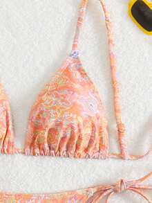 2pcs Pink Floral Printed Bikini Set - Orange - View 3