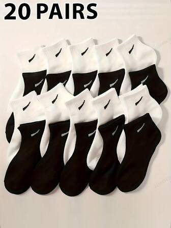 20 Pairs Of Women's Socks Black And White Simple Joker Ankle Socks Couple Diagonal Shoulder Socks, Soft And Comfortable Sports Socks.