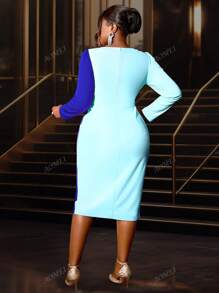 Plus V-Neck 3D Floral Decorated Fitted Long Sleeve Dress, Party Dress, Wedding Guest Cocktail Dress
