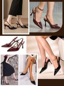 GlamourGrip Zapatillas de tacón elegantes para mujer – Punta fina, diseño ancho cómodo, recubierto brillante con hebilla, estilo slingback moderno y versátil – Tendenci 2025 para oficina, citas y outfits diarios