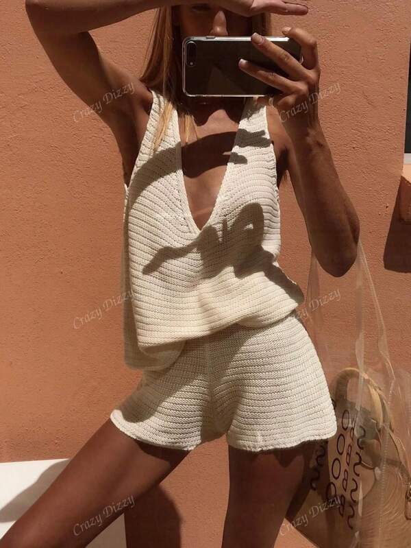 Conjunto de top y shorts de punto sexy para mujer, atuendos de verano para uso diario, atuendos de vacaciones para mujer, atuendos gyaru, conjunto todo blanco